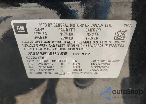 2011 Chevrolet Equinox Ls из США, поврежденный, VIN 2GNALBEC9B1309698